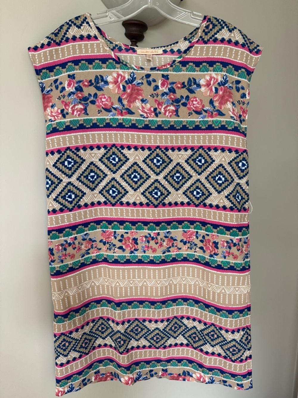 Under Skies Floral & Geometric Midi Shift Dress 💗 Beige Pink Blue & Green - Picture 6 of 16